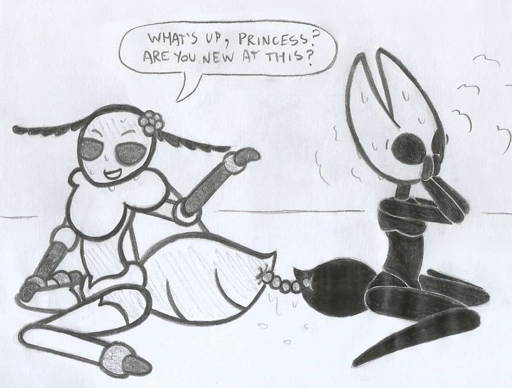 Mothiva (from Bug Fables) and Hornet (from Hollow Knight Silksong) are inserting the extremes of the same rosary string into their abdomens. Hornet is very flustered about this, but Mothiva isn't just taking it like a champ but also mocking at Hornet's lack of experience.