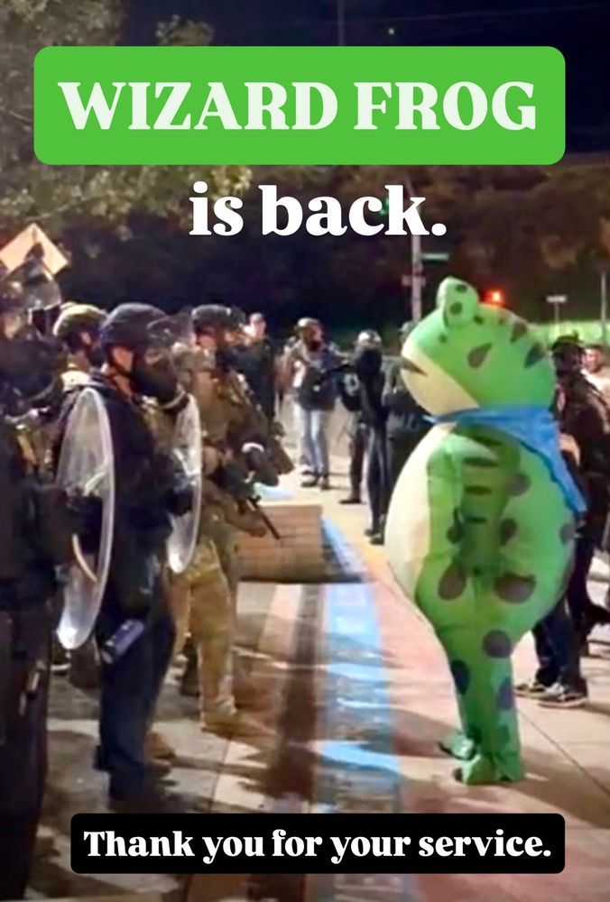 WIZARD FROG is back. Thank you for your service.

Wizard Frog facing off ICE in Portland. 