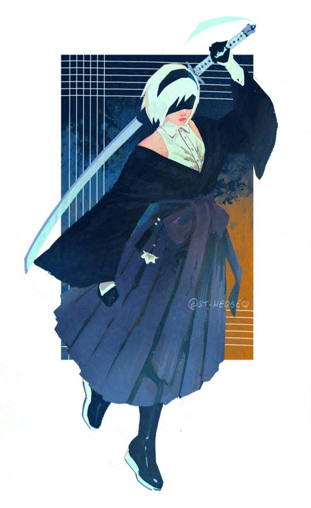 A digital painting of the android 2B from Nier: Automata. She is wearing a long dark blue and purple pleated skirt, a kimono-style black top with long sleeves, and a white collared sleeveless top underneath. 2B is holding a katana sword behind her back as if she has just unsheathed it. The textured backgrounds blends between blue and orange. 