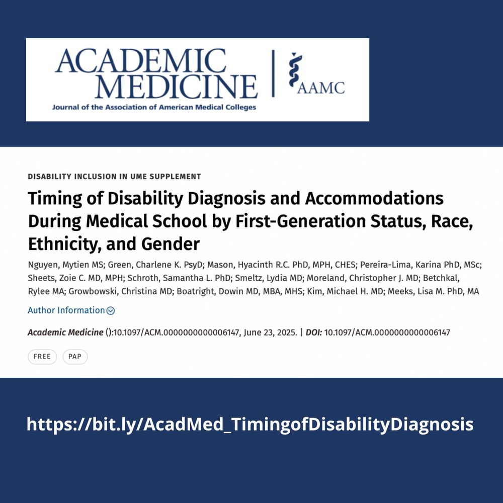 Screenshot of an article from Academic Medicine, the journal of the Association of American Medical Colleges (AAMC). The article is titled:
"Timing of Disability Diagnosis and Accommodations During Medical School by First-Generation Status, Race, Ethnicity, and Gender."

Authors listed are:
MyTien Nguyen, MS; Charlene K. Green, PsyD; Hyacinth R.C. Mason, PhD, MPH, CHES; Karina Pereira-Lima, PhD, MSc; Zoie C. Sheets, MD, MPH; Samantha L. Schroth, PhD; Lydia Smeltz, MD; Christopher J. Moreland, MD; Rylee Betchkal, MA; Christina Growbowski, MD; Dowin Boatright, MD, MBA, MHS; Michael H. Kim, MD; and Lisa M. Meeks, PhD, MA.

The DOI is 10.1097/ACM.0000000000006147, and the publication date is June 23, 2025.
A large blue banner at the bottom includes the short link to the article: https://bit.ly/AcadMed_TimingofDisabilityDiagnosis.