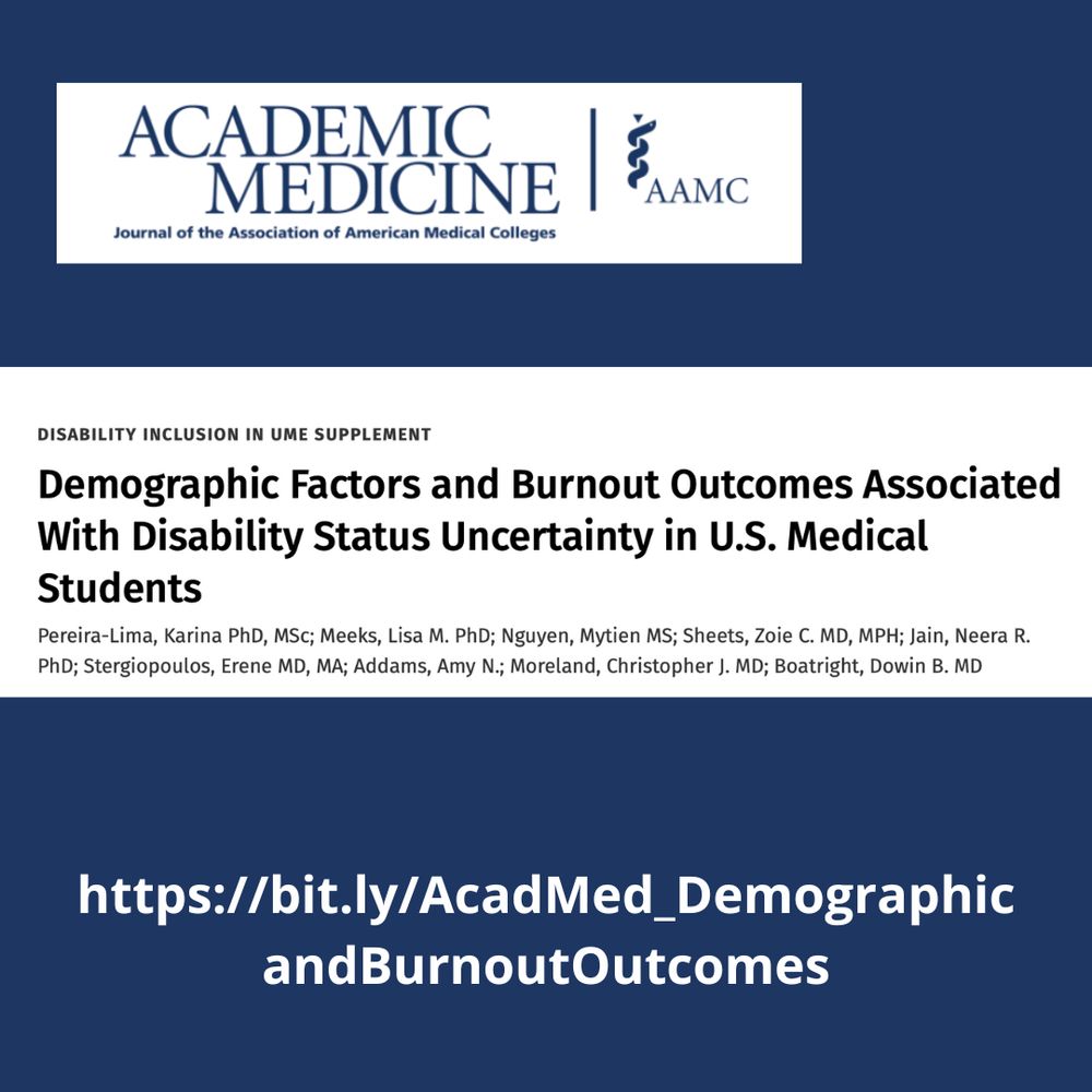 Blue and white graphic featuring the Academic Medicine journal and AAMC logos at the top. Below, the article title reads: “Demographic Factors and Burnout Outcomes Associated With Disability Status Uncertainty in U.S. Medical Students,” followed by the authors’ names. At the bottom, white text on a dark blue background displays the link: https://bit.ly/AcadMed_DemographicandBurnoutOutcomes.