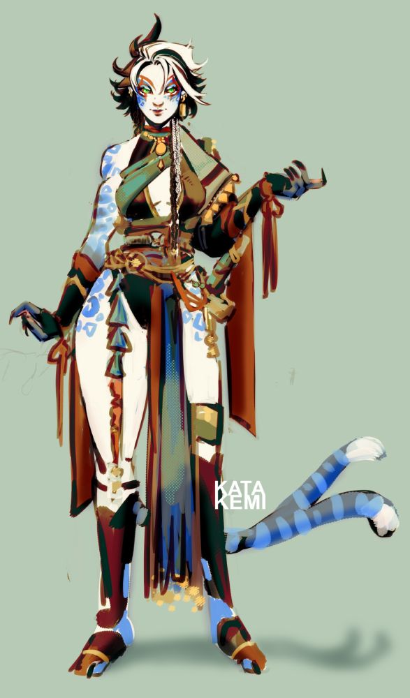 a pale woman with hair having white, black and brown stripes to it. Her limbs and two split tail colored in blue stripes and leopard patterns.