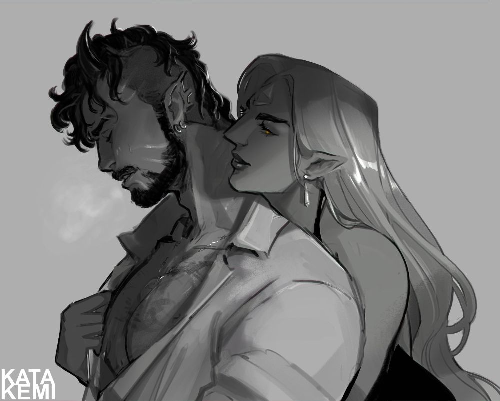 a woman whispering something seductive to a horned man's ear as he breaths hard