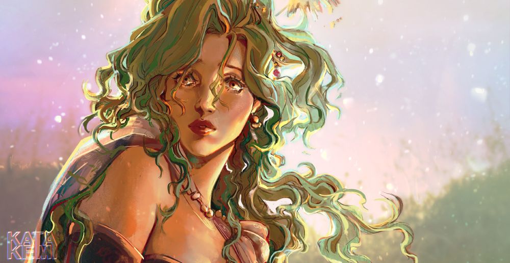 Green haired woman stares with glassy eyes.