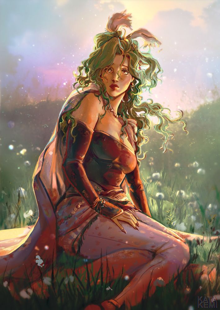 Green haired woman stares eyes wide middle of a morning grass field with sunlight in the background.