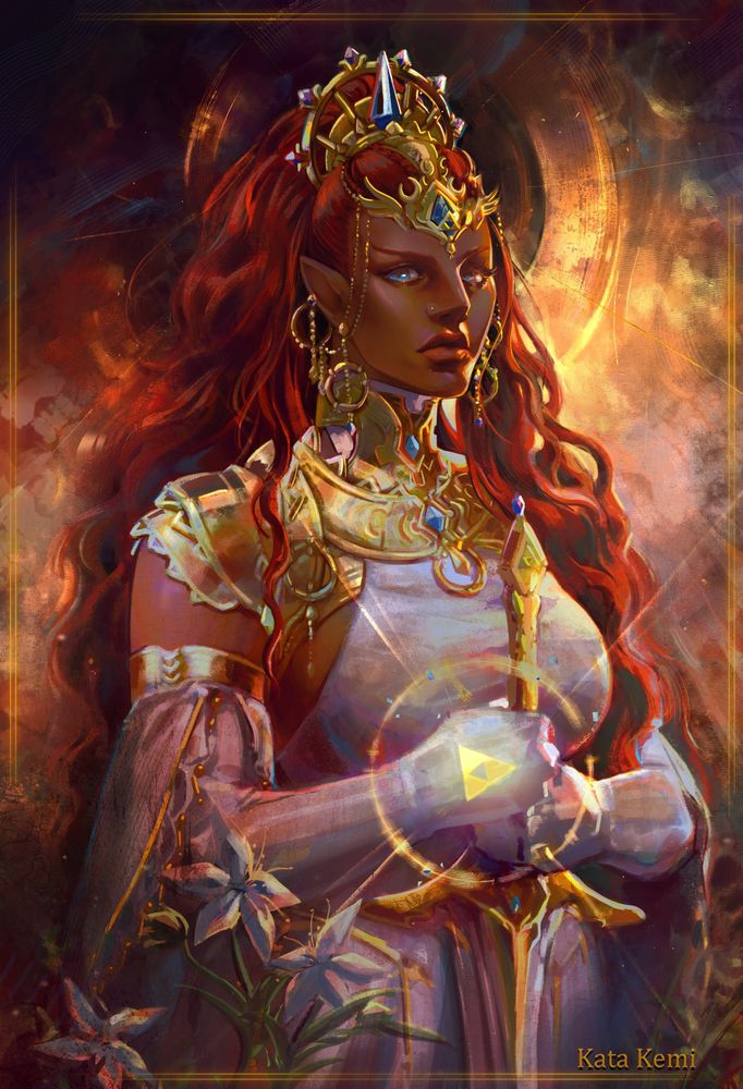 red haired gerudo princess zelda looking regal as she holds a greatsword. 3 pieced triforce lighting back of her hand. Surrounded by Silent Princess flowers.