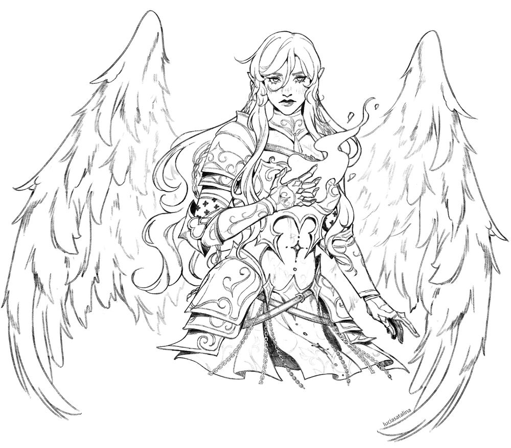 an elf woman in a fantasy armor with angel or demon wings, holding a magic flame. Dungeon and dragons game dnd