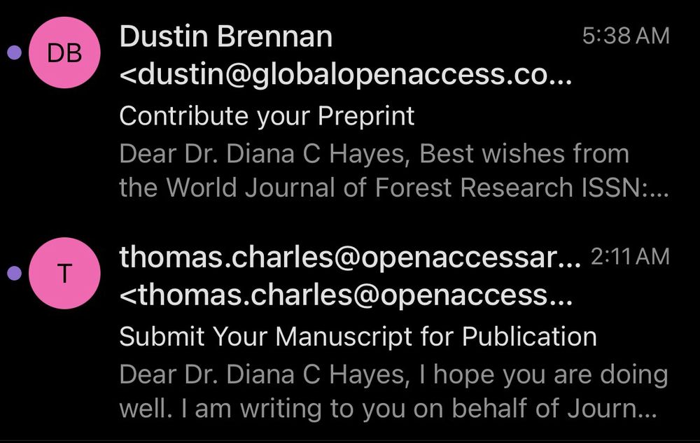 A screenshot of two scammy emails claiming to be from legitimate journals, both addressed to "Diana C Hayes."