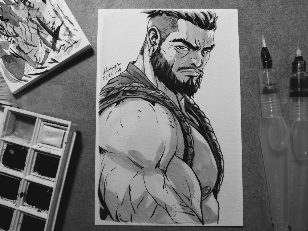 Gay bara art painting of a muscle man black and white