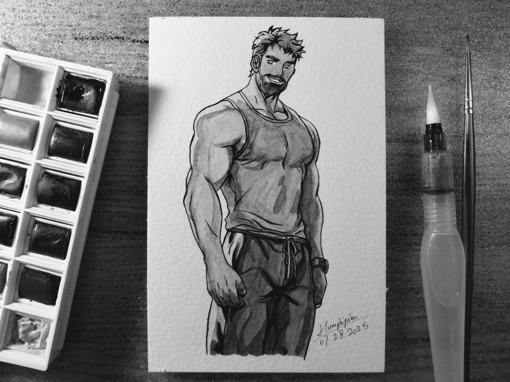 Black and white bara gay art of a gym buddy