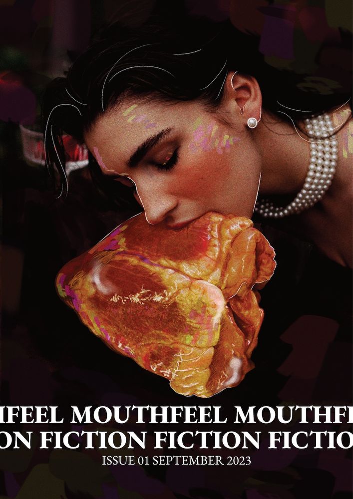 An elegant woman with pearl earring and necklace bites down onto a huge heart.