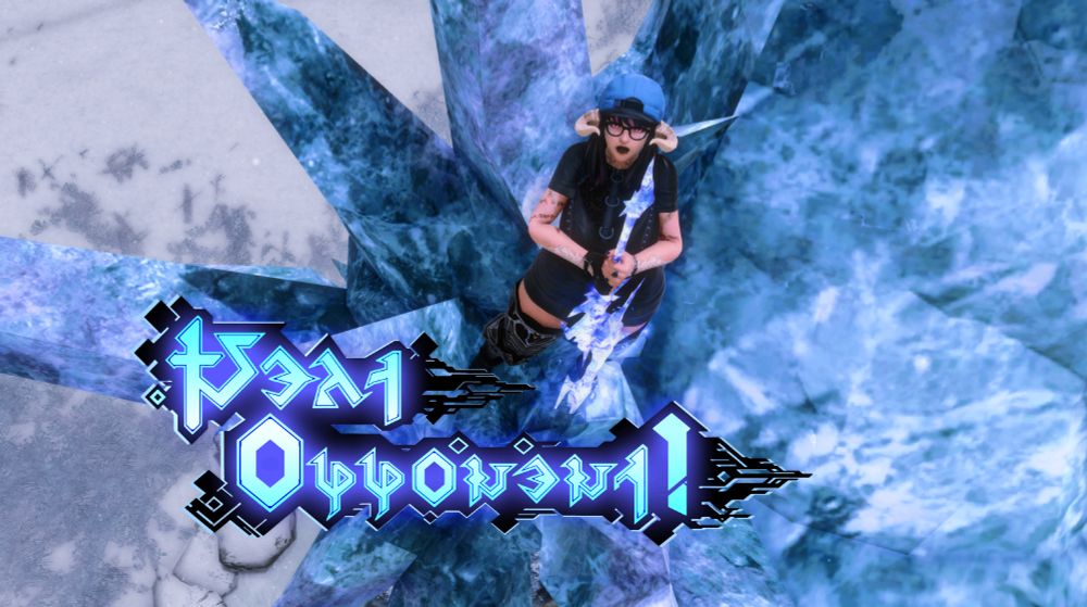 an Arcadion raid series style poster, featuring a dark haired auri girl wielding an ice sword and standing on top of a jagged chunk of ice in a snowy landscape
