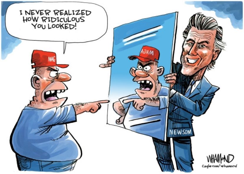 MAGA looking at his own reflection. Mirror held up by Newsom I never realised how ridiculous you looked