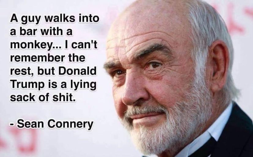 Picture of Sean Connery. The quote ‘a guy walks into a bar with a monkey. I can’t remember the rest, but Donald Trump is a lying sack of shit’