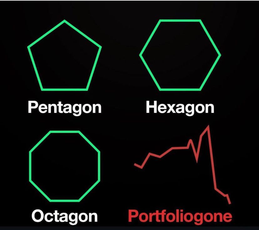 Meme shows a pentagon with the word ‘pentagon’ underneath. Next is a hexagon with hexagon written underneath, then an octagon with octagon written underneath. The final shape looks like a crashing stock market outline with ‘Portfoliogone’ written underneath 