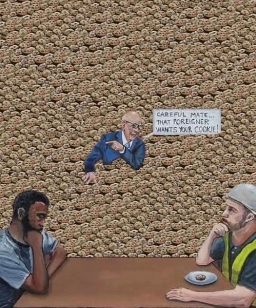 Man with millions of cookies telling a worker with one cookie that the person opposite him with no cookie wants his cookie 