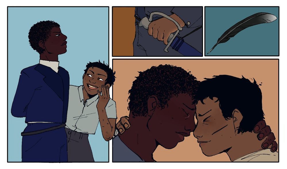 Left panel shows younger Aminata, a dark skinned girl with close cropped curly hair, in uniform looking down amused at Baru, a brown skinned shorter girl with dark short hair, who is whispering conspiratorially with a light blue background. Two top panels on the right, the first one is a close-up of Baru's hand on Aminata's saber with an orange background. The second is a cormorant feather with a blue background. Bottom right panel if of an older Baru and Aminata touching foreheads and holding each other by the back of their heads with a light orange background. Baru's hand is bandaged over her ring and pinky fingers and she has a cut on her cheek.