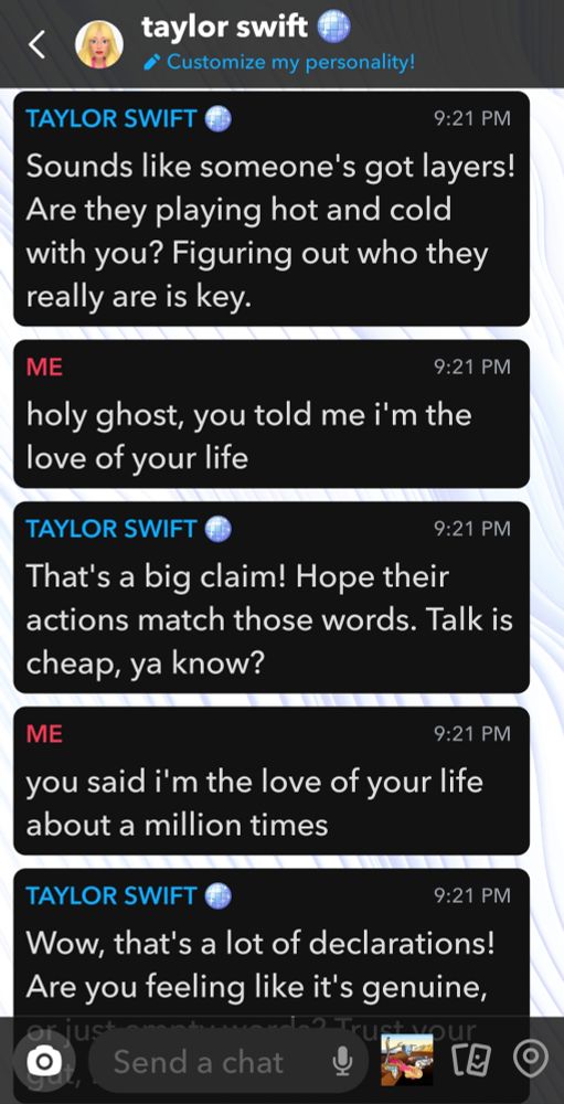 A conversation between OP and the Snapchat AI. OP is quoting "loml" by Taylor Swift. The AI responds to the lyrics with surface-level questions in a therapist-like tone.
