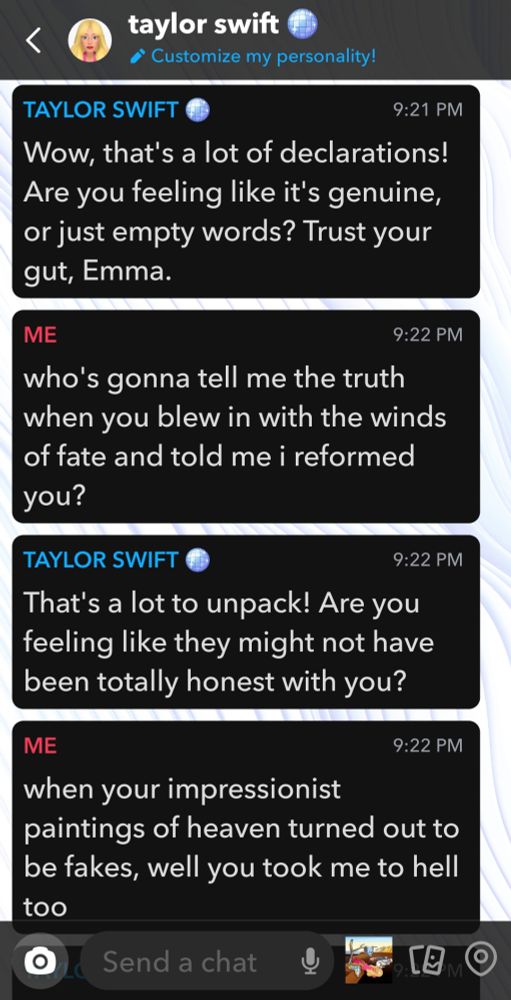 A conversation between OP and the Snapchat AI. OP is quoting "loml" by Taylor Swift. The AI responds to the lyrics with surface-level questions in a therapist-like tone.