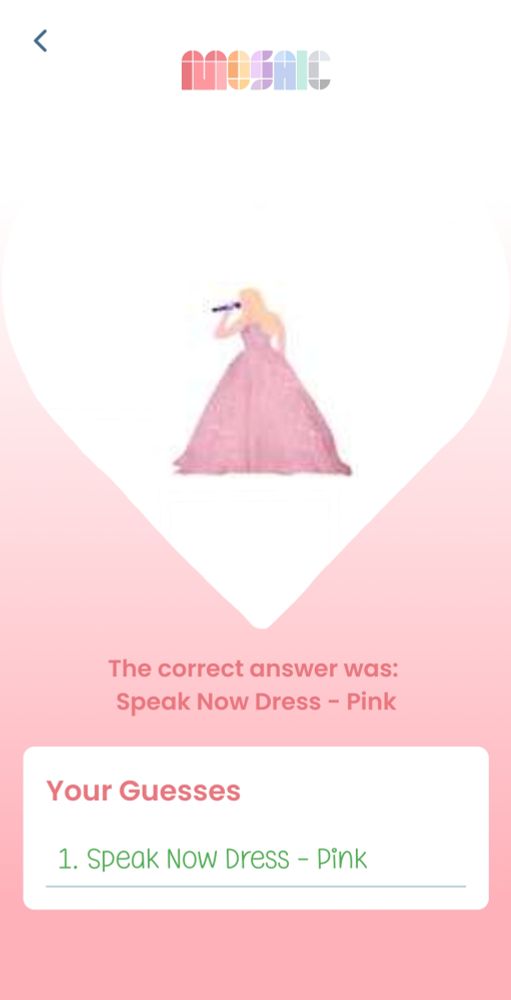 A screenshot of the game Mosaic from the Swift Alert app. The answer is "Speak Now Dress - Pink", which was guessed on the first try.