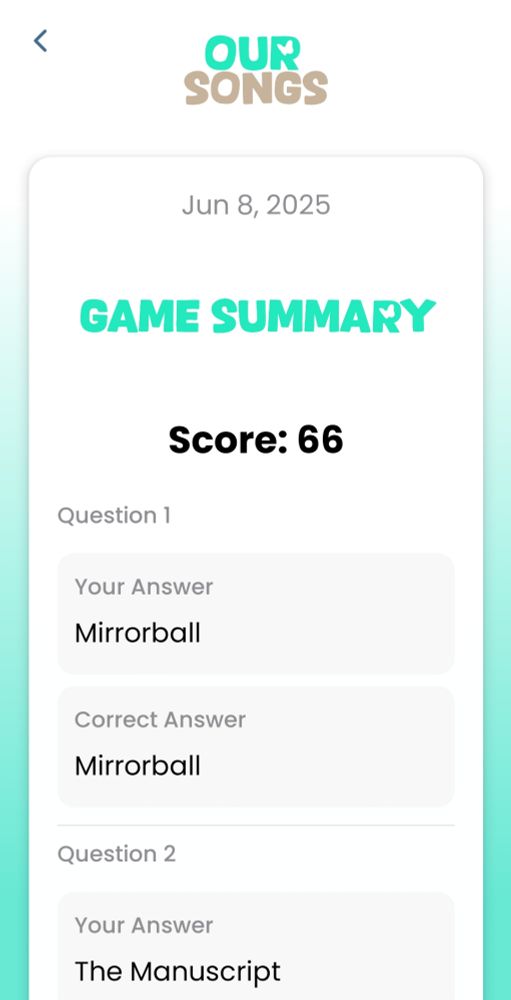 A screenshot from the Swift Alert app, of the "Our Songs" game. It reads "June 8, 2025 / Game Summary / Score: 66".