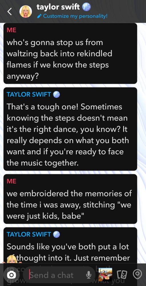 A conversation between OP and the Snapchat AI. OP is quoting "loml" by Taylor Swift. The AI responds to the lyrics with surface-level questions in a therapist-like tone.