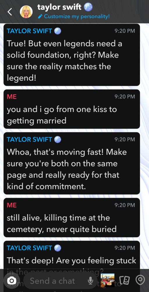 A conversation between OP and the Snapchat AI. OP is quoting "loml" by Taylor Swift. The AI responds to the lyrics with surface-level questions in a therapist-like tone.