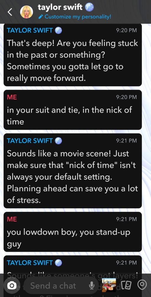 A conversation between OP and the Snapchat AI. OP is quoting "loml" by Taylor Swift. The AI responds to the lyrics with surface-level questions in a therapist-like tone.