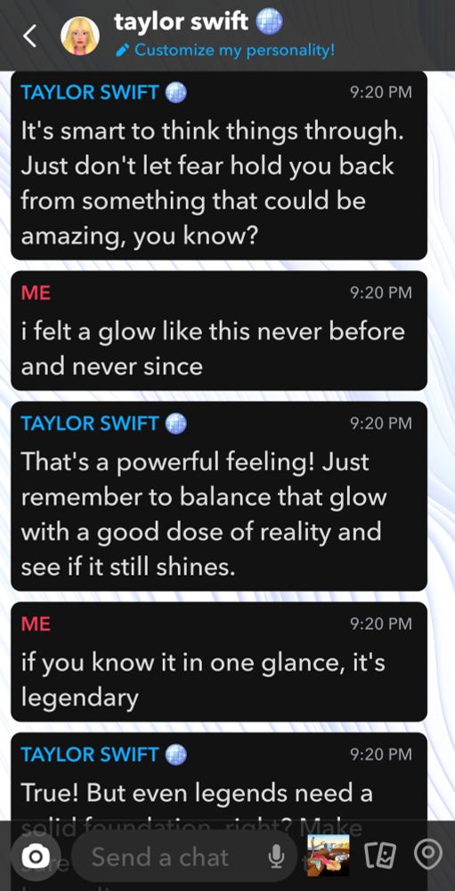 A conversation between OP and the Snapchat AI. OP is quoting "loml" by Taylor Swift. The AI responds to the lyrics with surface-level questions in a therapist-like tone.