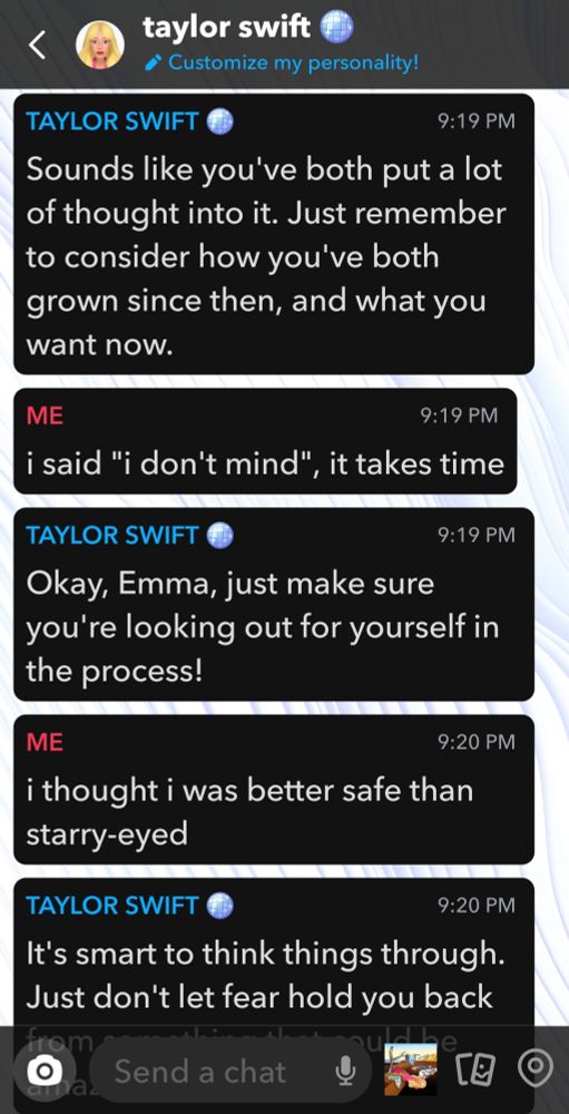 A conversation between OP and the Snapchat AI. OP is quoting "loml" by Taylor Swift. The AI responds to the lyrics with surface-level questions in a therapist-like tone.