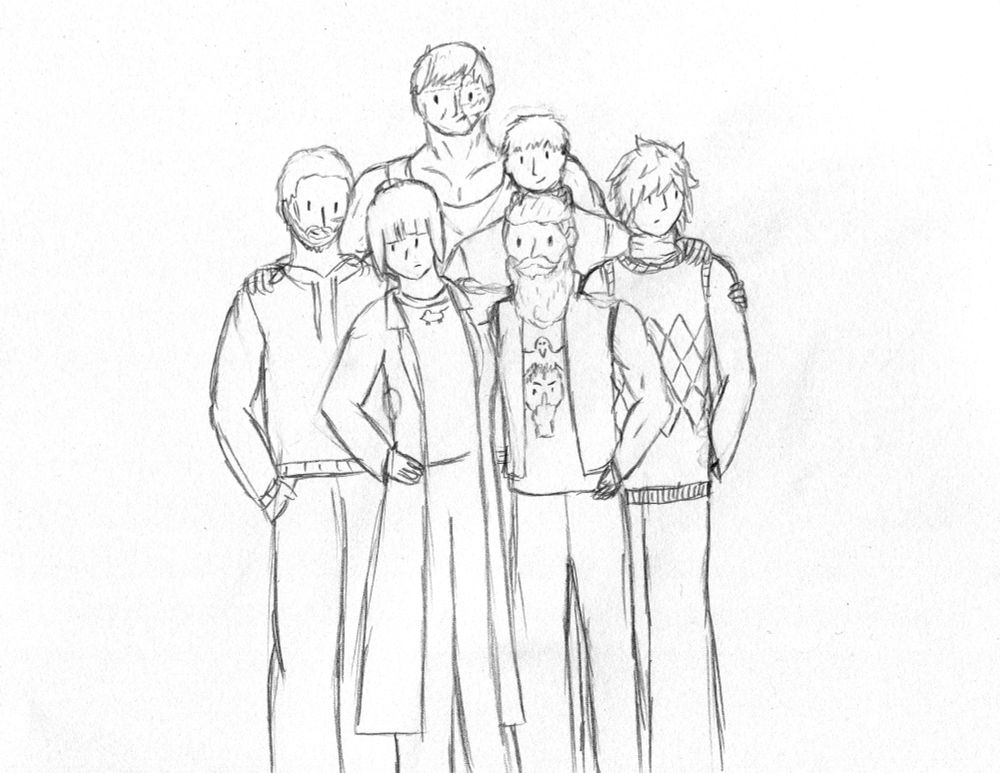 Pencil sketch. All six members of Equipe E. Liz and Arthur are at the front, Thiago, Joui, and Cesar behind, Cris at the back.
