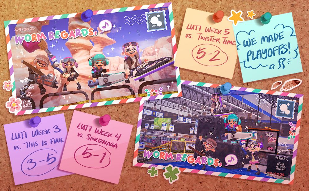 a digital collage of photos and postcards pinned to a corkboard! the pair of postcards depict the four members of worm regards posing together at scorch gorge and at mako mart. they're accompanied by four post-it notes, each sharing the result of their LUTI run in weeks 3-5, alongside a note that says "we made playoffs!" the scene is decorated with stickers of a sakura flower, a clover, a star, and a feather.