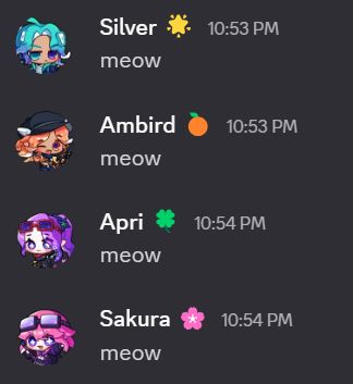 a discord screenshot of all four worm regards members saying "meow" one after another in succession