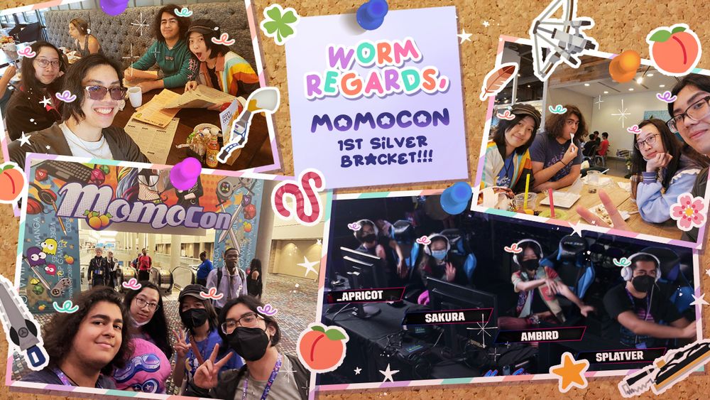 a collage of photos of the members of worm regards hanging out during momocon weekend, decorated with stickers of their weapon mains and various emojis! two of the photos are of them at restaurants, one of the photos is of them standing in front of the momocon gate together, and the last photo is of them mimicking their matching game emotes live on stage. in the center is a post-it that has both the team wordmark and the momocon logo, above the text "1st silver bracket!"