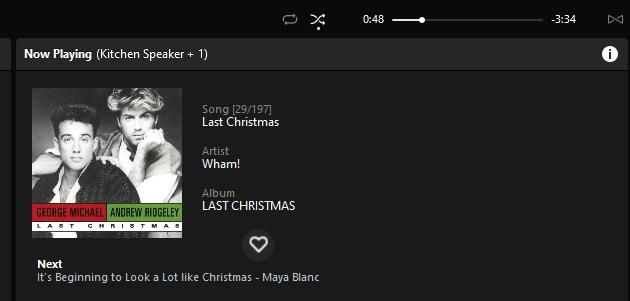 A screenshot of my Sonos app showing Wham!'s "Last Christmas" playing on my kitchen and living room speakers. 