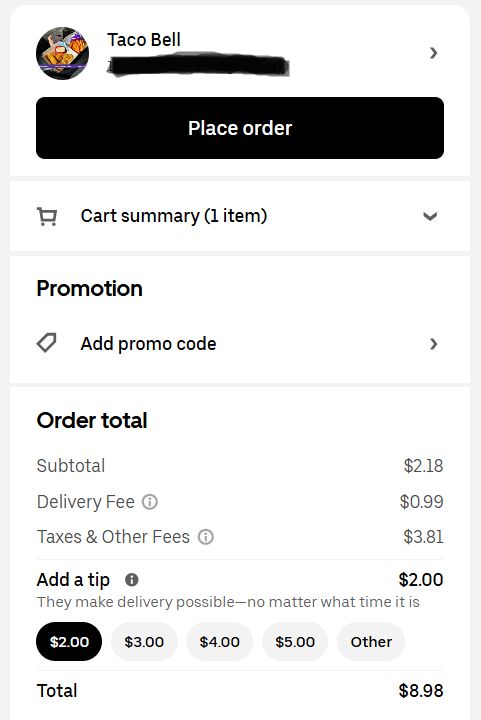 An UberEats reciept shows the cost of delivering a single burrito: $2.18 for the burrito, $0.99 delivery fee, $3.81 taxes and other fees, and a $2 tip. Total $8.98