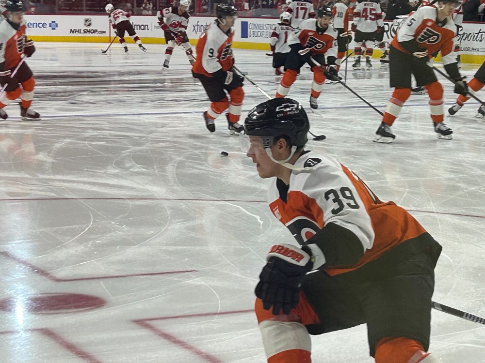 Matvei Michkov during warmups on 11/22/25 flyers vs. devils
