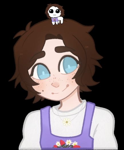a picture of zephyrberry - a pngtuber with short brown hair, pale skin, light blue eyes, a white shirt and purple overalls. on their head sits a small autism creature - white with big dark eyes.