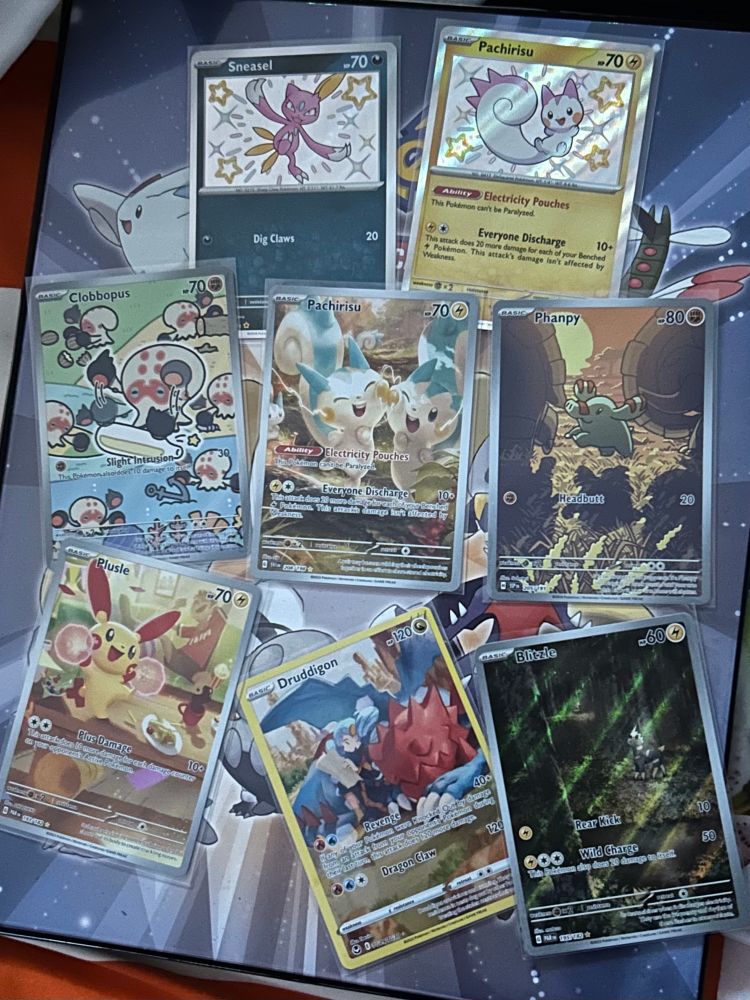 Eight Pokemon cards - a shiny Sneasel, shiny Pachirisu, Clobbopus illustration rare, Pachirisu illustration rare, Phanpy illustration rare, Plusle illustration rare, Druddigon ultra rare, and Blitzle illustration rare.