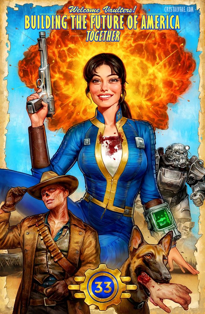 A Fallout Prime illustration featuring Lucy, the Ghoul, Maximus, and the doggy!