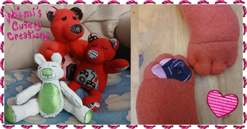 Progress photos of prototyping a teddy bear pattern. Shows three teddy bears that were tests on the left and a close up of pink paws with paw pads that have cross coffin fabric on the right.