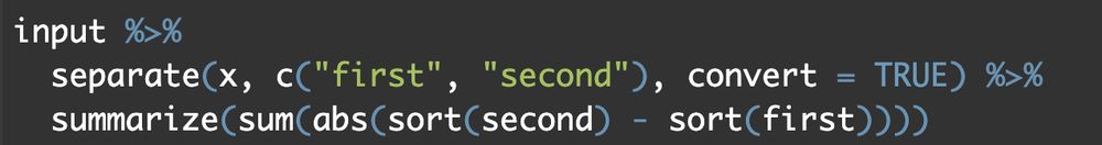input %>%
  separate(x, c("first", "second"), convert = TRUE) %>%
  summarize(sum(abs(sort(second) - sort(first))))