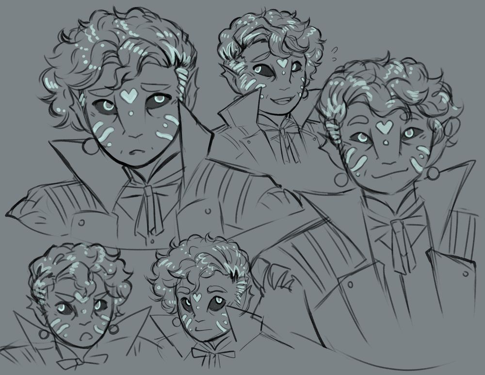 Sketches of Bijon, a triton man with wavy hair, glowing turquoise markings, and a high-collared coat.