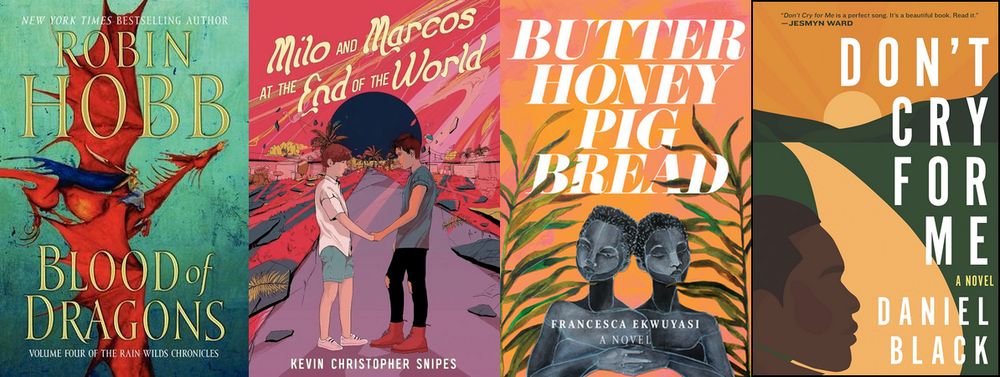 Covers for Blood of Dragons, Milo and Marcos At the End of the World, Butter Honey Pig Bread, and Don't Cry For Me