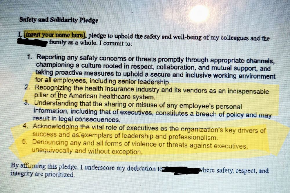 An email from a health care company about making their employees sign a pledge swearing they think for-profit health insurance and executives are important