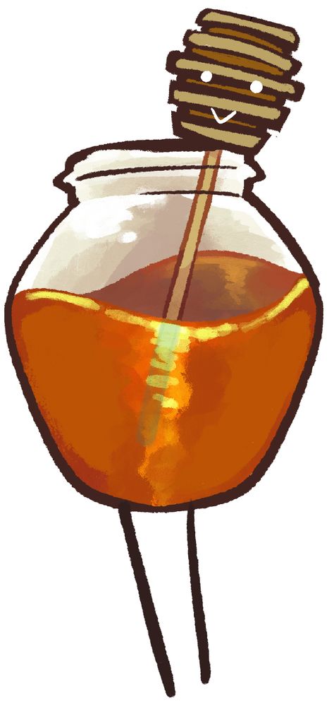 An anthropomorphic honeypot and honey dipper. The face is on the honey dipper part and is floating in the honey of the main body 
