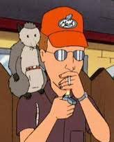 Dale from King of the Hill lighting a cigarette, possum on his shoulder 