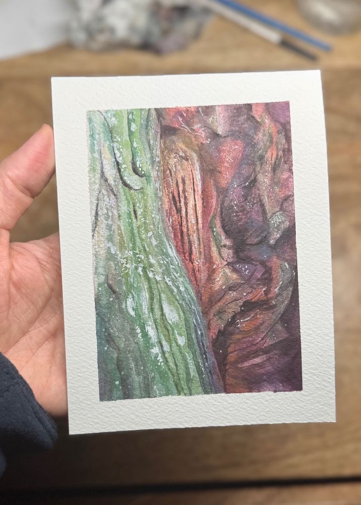 Gouache painting of green deposits within a cave in North Carolina, USA