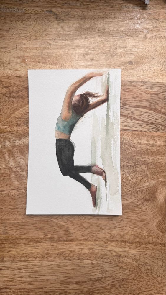 Gouache self portrait of woman doing “wild thing” yoga pose, a backbend similar to wheel pose but where one arm is outstretch long in front of the body 