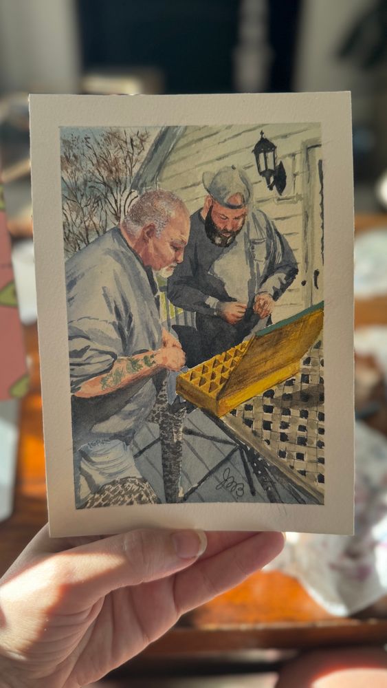 Watercolor painting of father and son (my partner and father “in law”) inspecting a tool box 